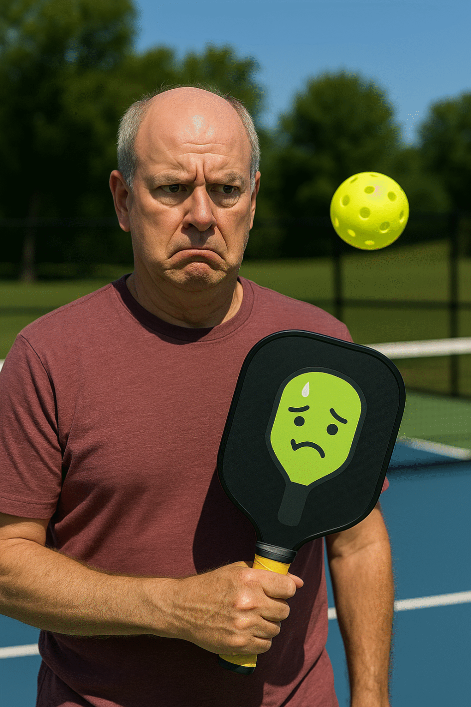 A confused older man holds a pickleball paddle with a reluctant cartoon face overlay, standing on a court with a “what did I just sign up for?” when it's his first time playing pickleball