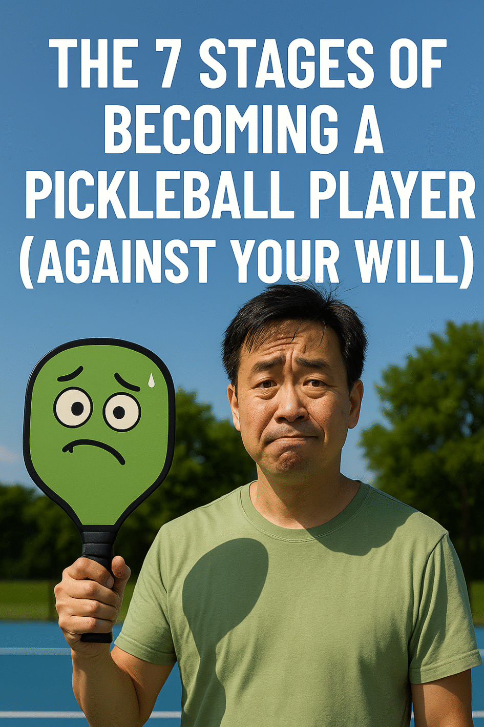 “A middle-aged pickleball player holding a paddle with a reluctant emoji face, standing on court under the text: ‘The 7 Stages of Becoming a Pickleball Player (Against Your Will).’”