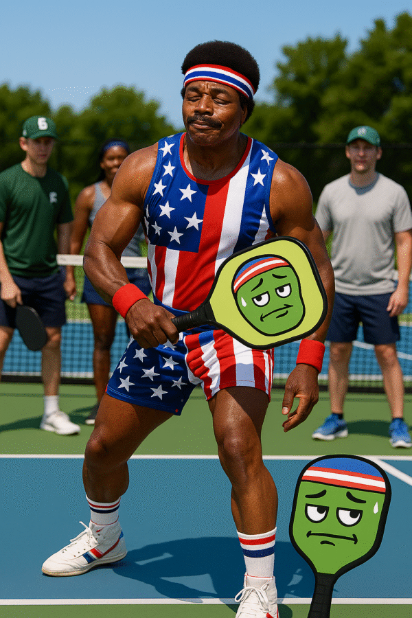 A middle-aged man in a stars-and-stripes headband holding a pickleball paddle with a reluctant cartoon face on it, standing on a court looking unsure but committed.