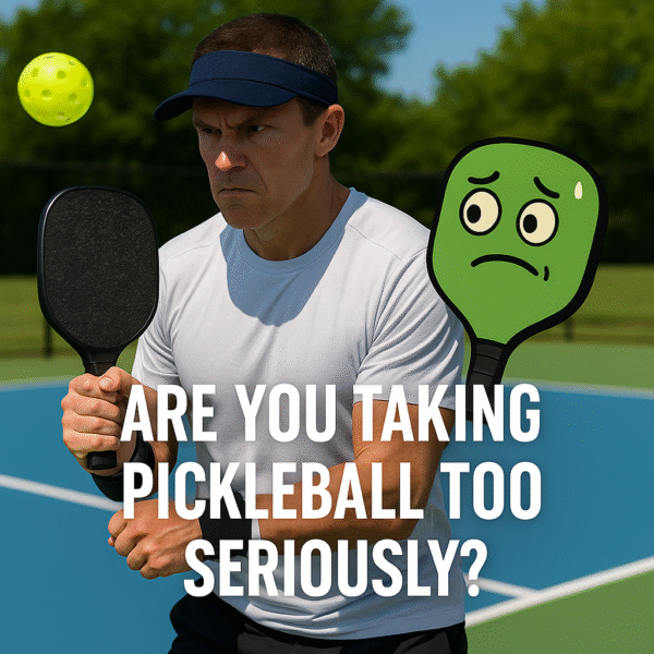 A middle-aged man in full pickleball gear — compression sleeves, headband, and a serious expression — glares at a ball mid-bounce while his paddle has a reluctant cartoon face.