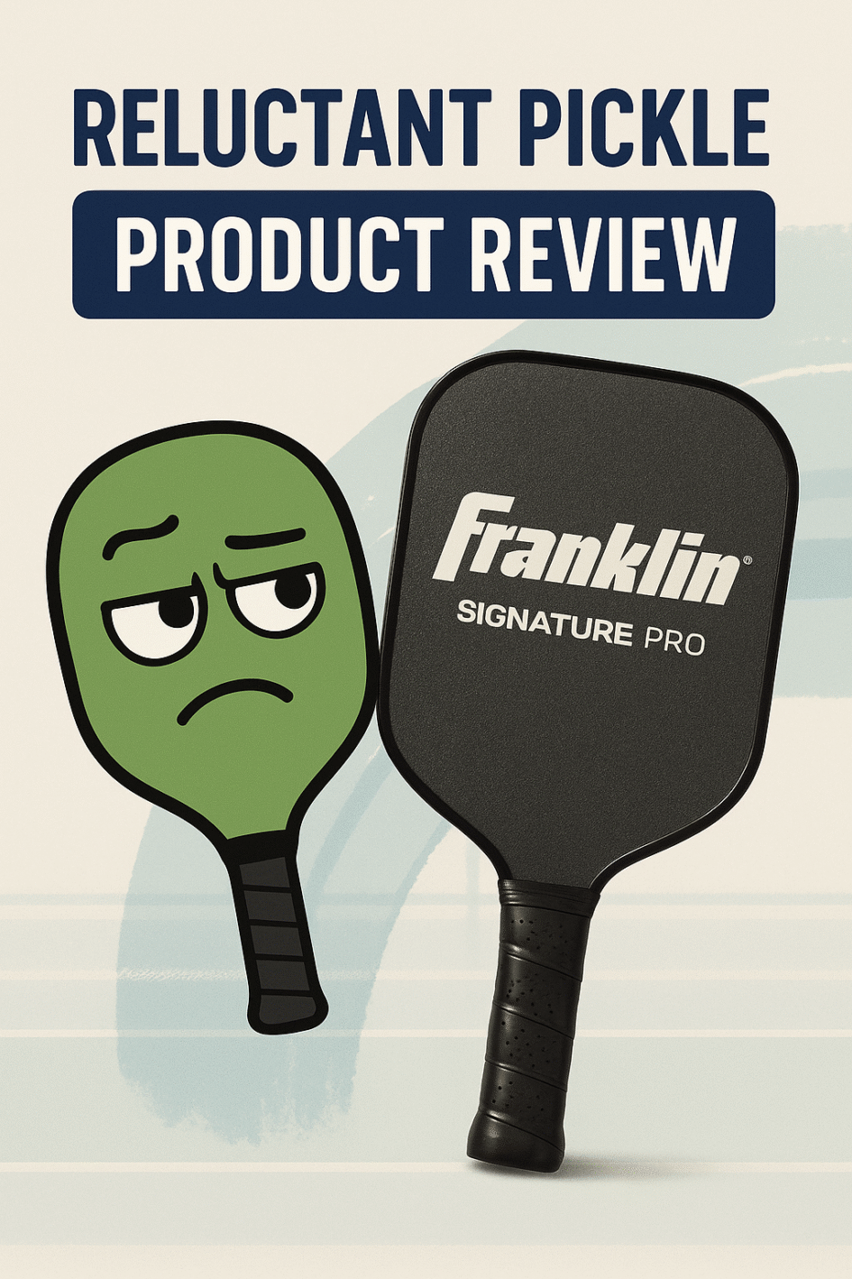 A promotional graphic for Reluctant Pickle featuring the Franklin Signature Pro Series paddle. The image includes a reluctant paddle emoji holding a “Product Review” sign, with bold text emphasizing performance, spin, and control.