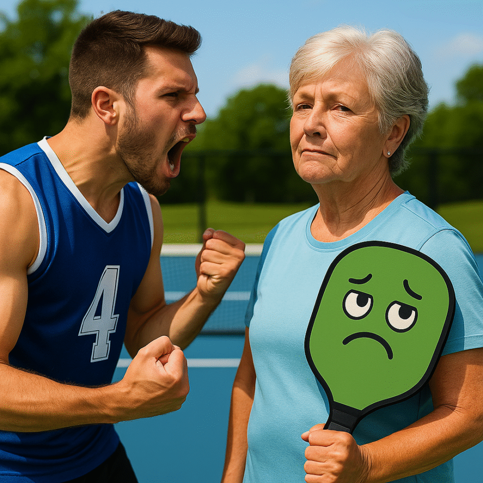 A frustrated young male pickleball player arguing over a line call with an older female opponent on a sunny court. The Reluctant Pickle paddle emoji appears in the background, shaking its head in disappointment.