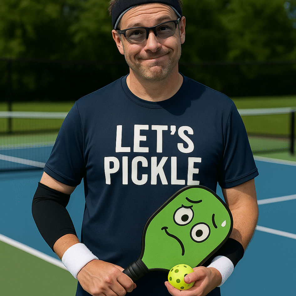 A beginner pickleball player wearing high-end gear and a “LET’S PICKLE” shirt stands on the court looking lost. The paddle he’s holding features the Reluctant Pickle logo with an embarrassed expression.
