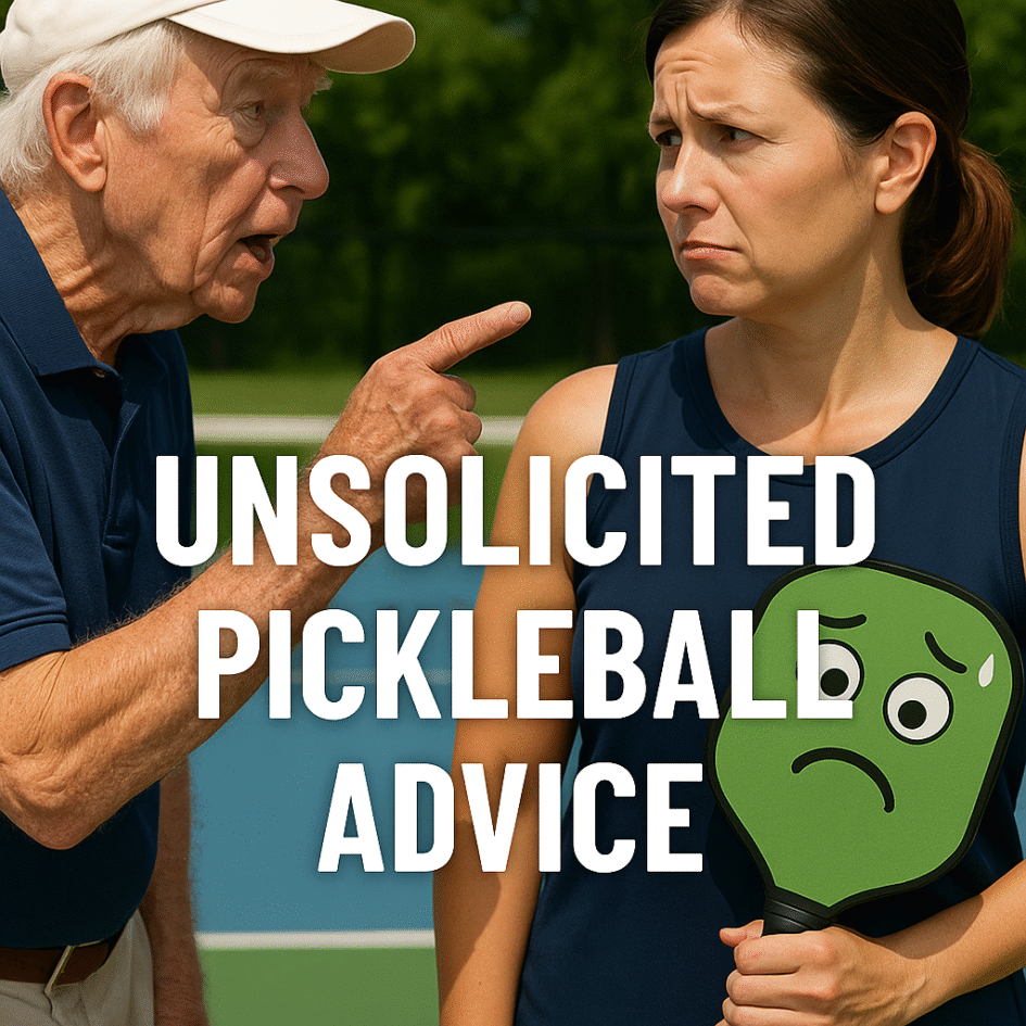 An elderly man enthusiastically gives pickleball advice to a younger woman on an outdoor court. The woman listens with mild skepticism while holding her paddle. Overlaid text reads: “UNSOLICITED PICKLEBALL ADVICE.”