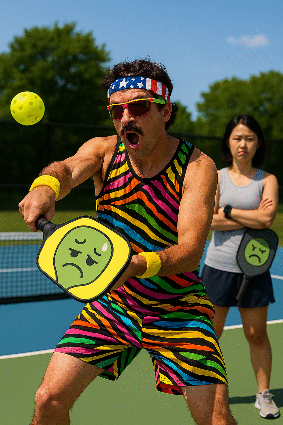 A flamboyantly dressed male pickleball player aggressively takes over the game, lunging for every shot while his frustrated female partner stands aside, paddle in hand. Her paddle features a Reluctant Pickle emoji with a fed-up expression.