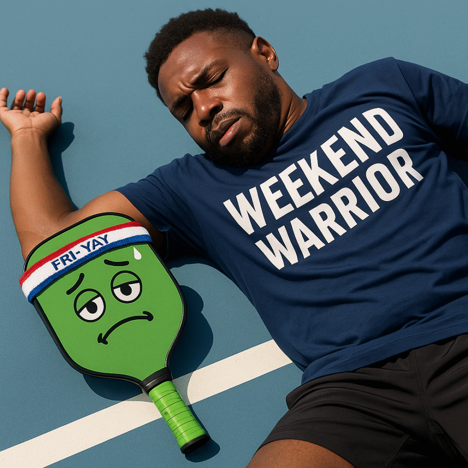 African American pickleball player wearing a “Weekend Warrior” t-shirt with a defeated expression; his paddle has a reluctant logo with a “Fri-YAY” headband.