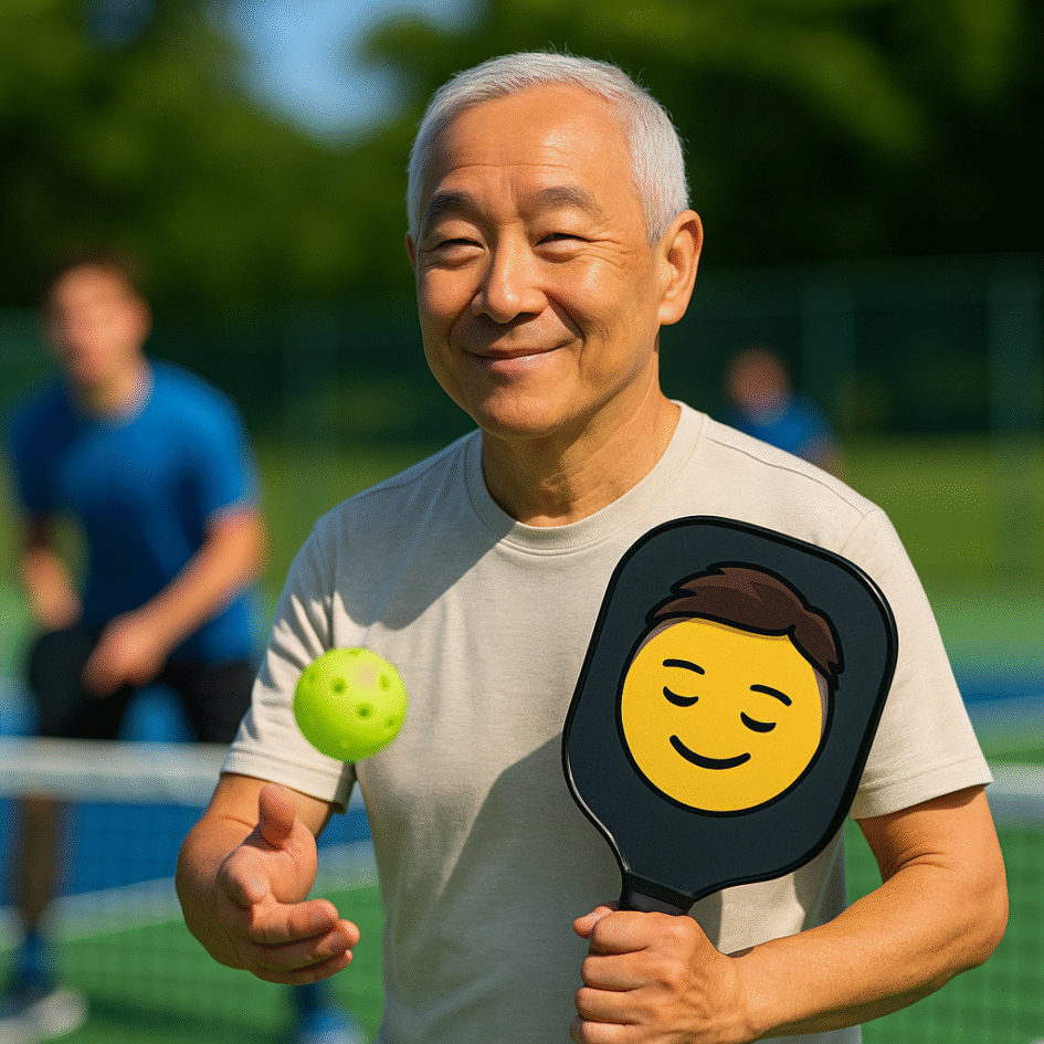 An older Asian man with a gentle smile holds a pickleball paddle featuring a calm-faced emoji, standing confidently on a sunny outdoor court. A younger opponent blurs in the background as the man casually prepares to serve.