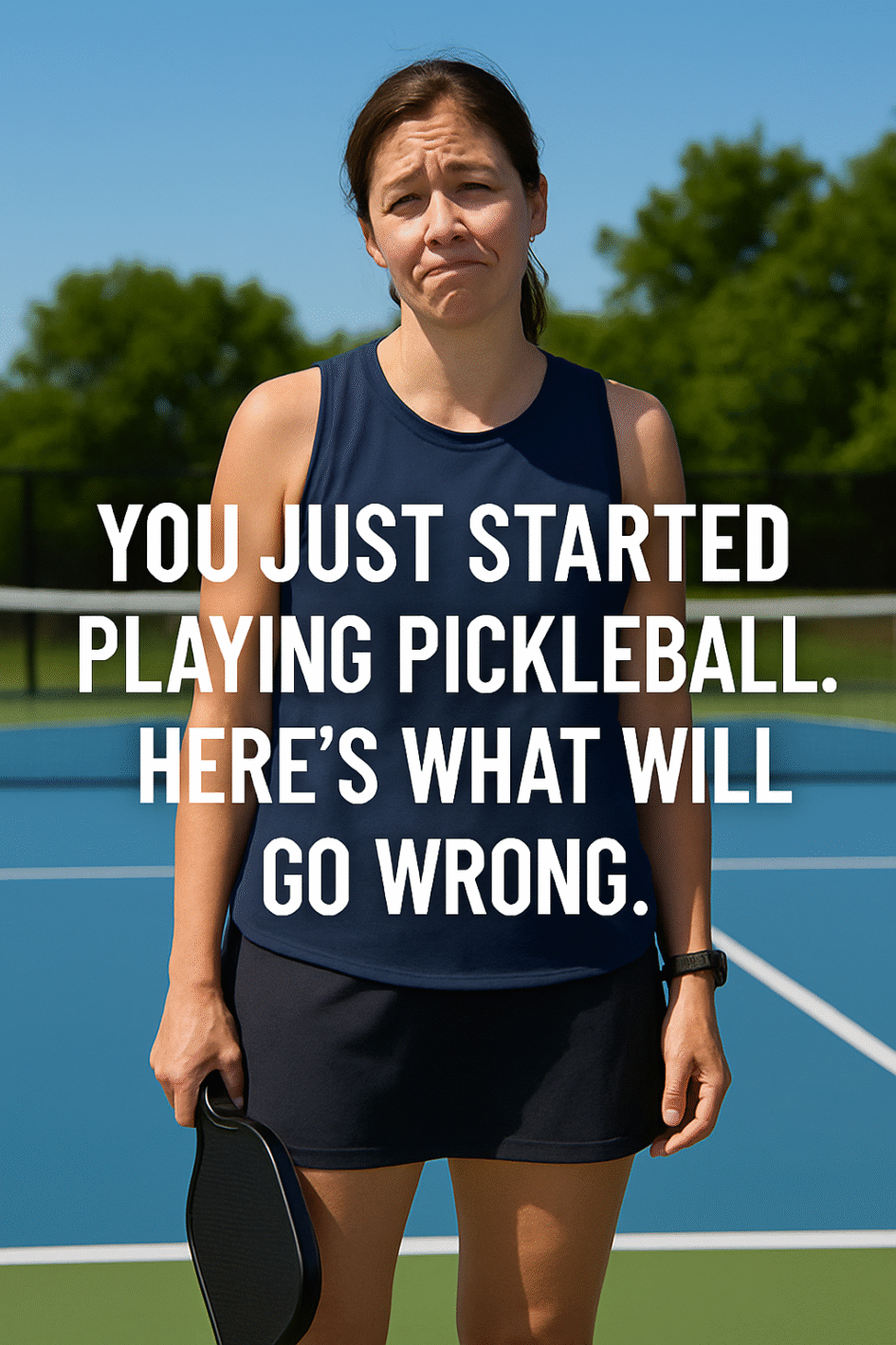 A frustrated woman holding a pickleball paddle stands on an outdoor court, with white overlaid text reading: “You Just Started Playing Pickleball. Here’s What Will Go Wrong.”