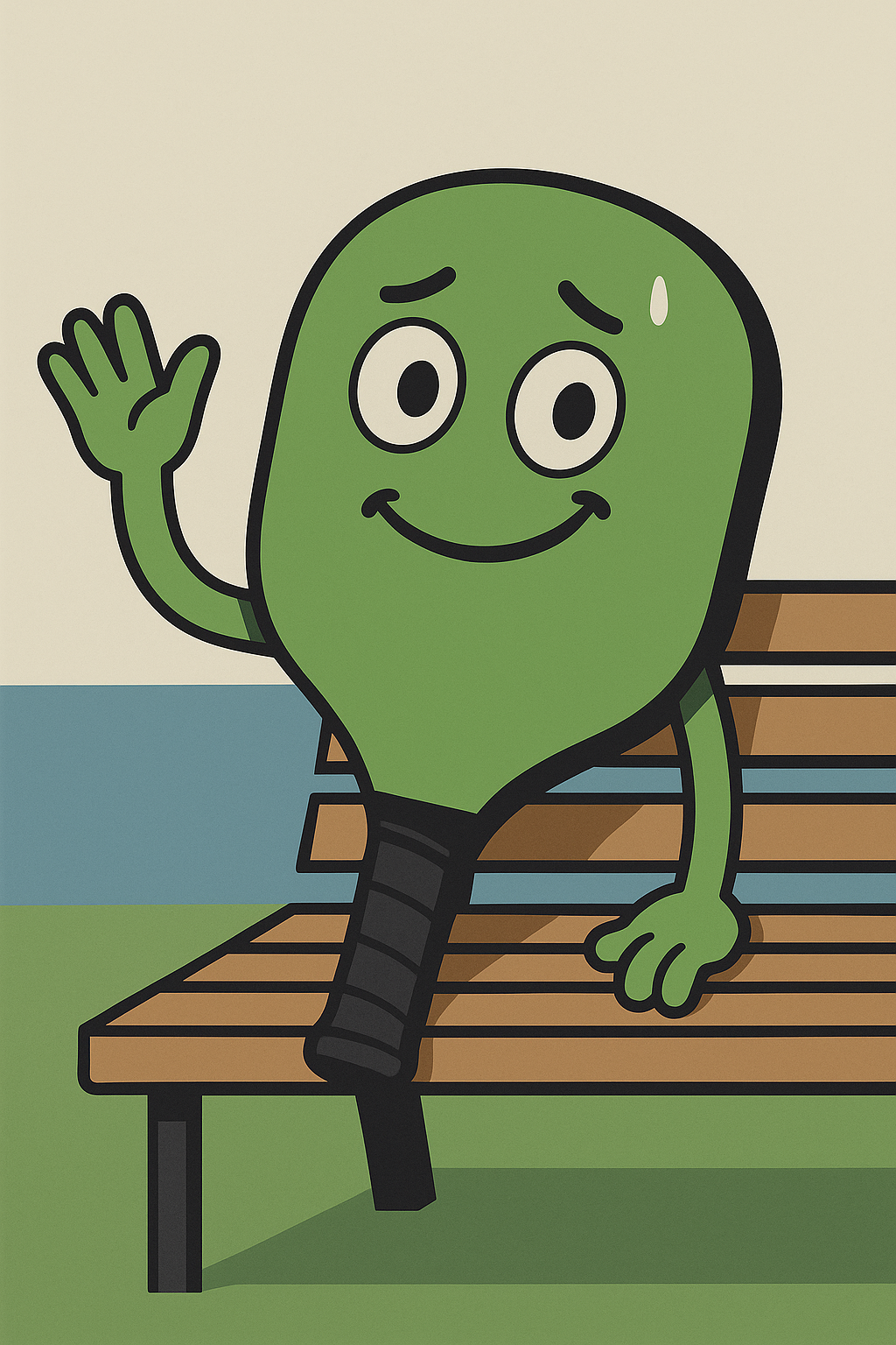 Cartoon-style illustration of a green pickleball paddle with a nervous smile sitting on a bench, holding a yellow pickleball, embodying reluctant enthusiasm.