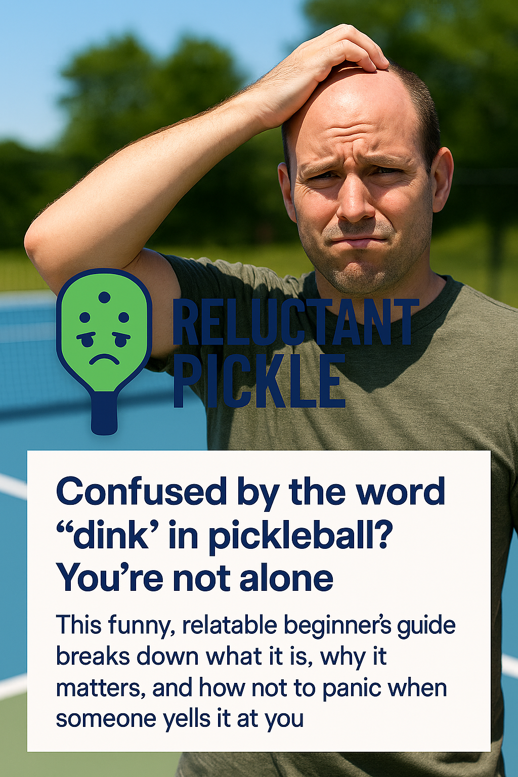 A confused man in a green shirt scratching his head on a pickleball court, with the Reluctant Pickle logo and headline text reading: “Confused by the word ‘dink’ in pickleball? You’re not alone.”