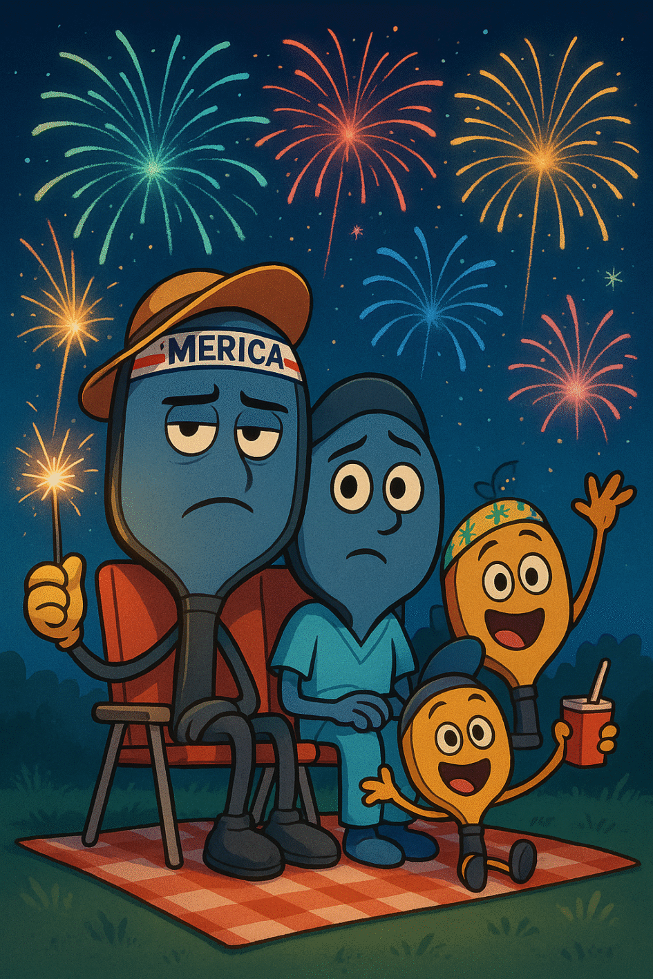 Anthropomorphic pickleball paddles watching fireworks on the Fourth of July