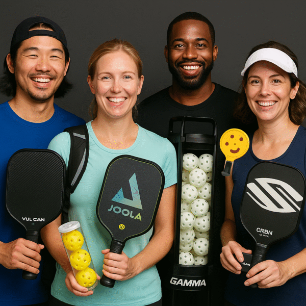 Four pickleball players holding paddles and gear, representing the top pickleball gifts for 2025.